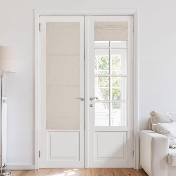 Cordless French Door Curtain Natural Linen 100% Blackout  W24 X L64 In Roman Shade For Doors With Adhesive Top & Magnetic Lift Privacy Thermal Window Kitchen 1 Panel