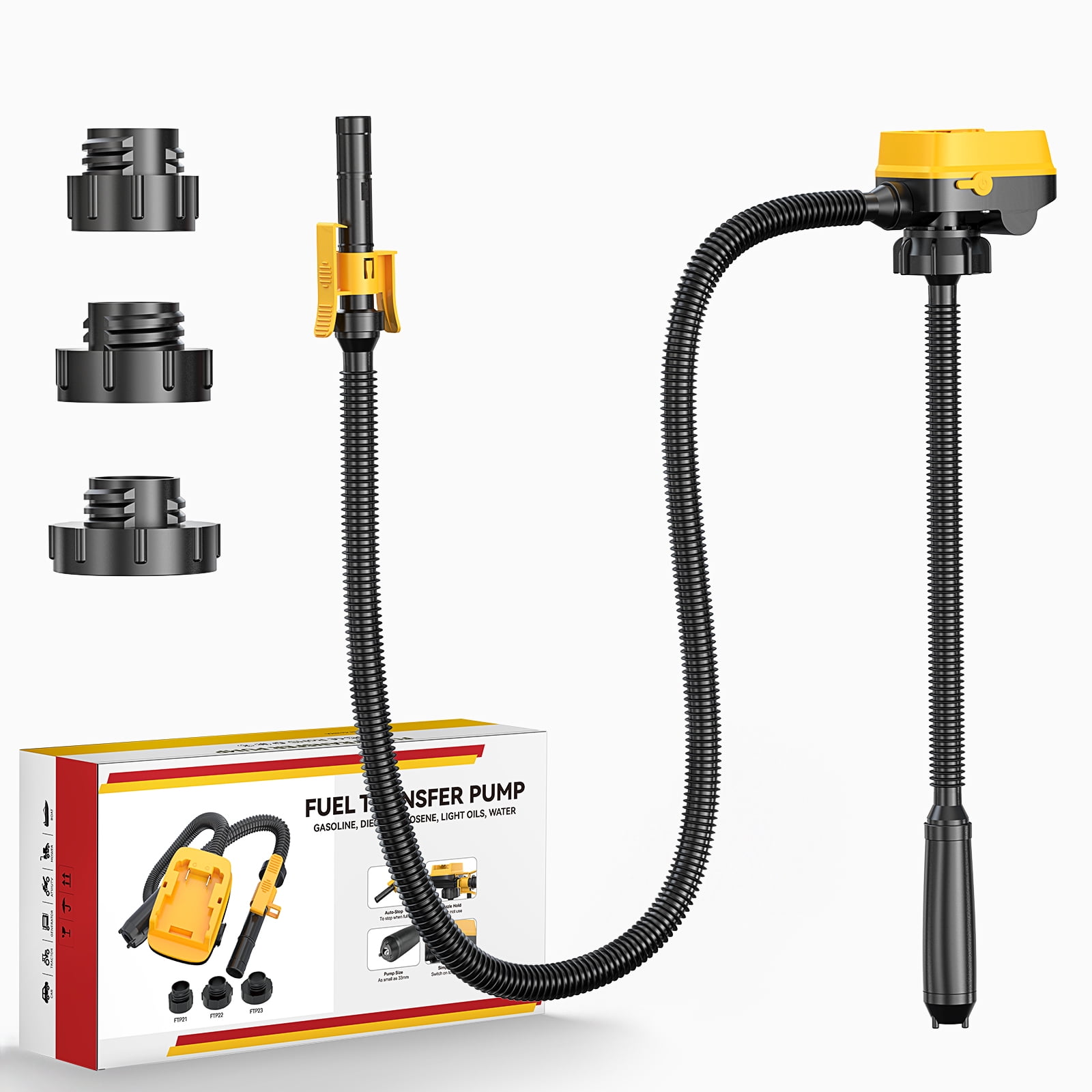 Cordless fuel transfer pump with hose and three adapters