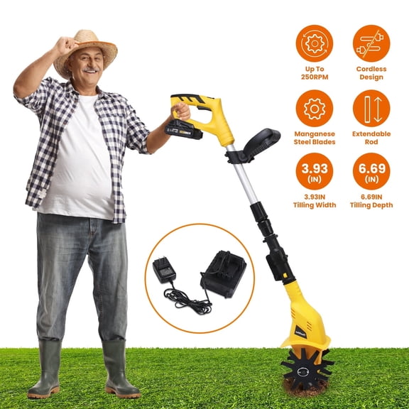 Electric Garden Tiller Cordless Electric Cultivator, Battery Powered Tiller 20V Rechargeable 3.93" Width 6.69" Depth 250RPM for Garden Yard Farm Lawn