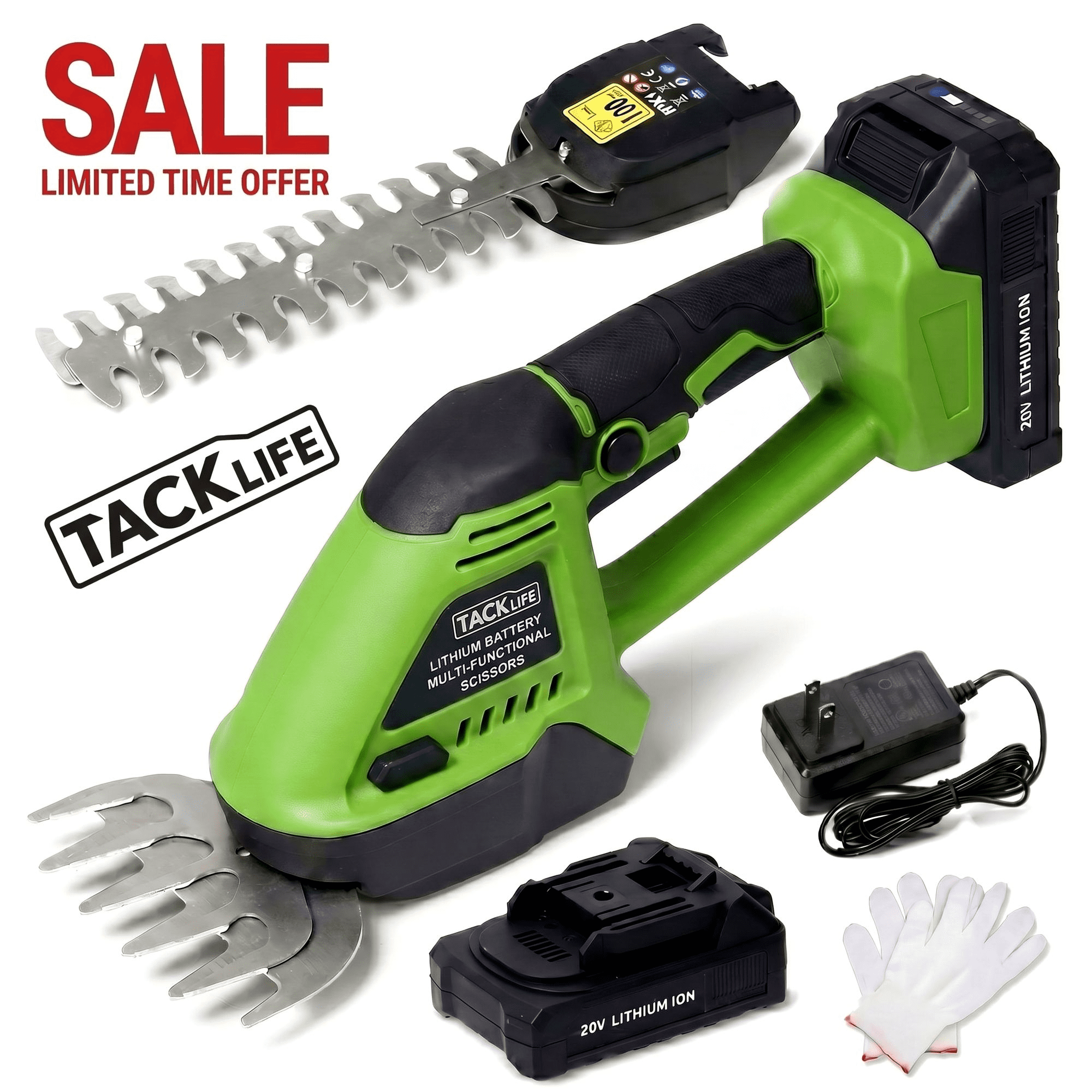 TACKLIFE 20V Cordless Hedge Trimmer & Grass Shear, 2 in 1 Handheld Electric Grass Trimmer with 2.0Ah Battery and Charger, Green