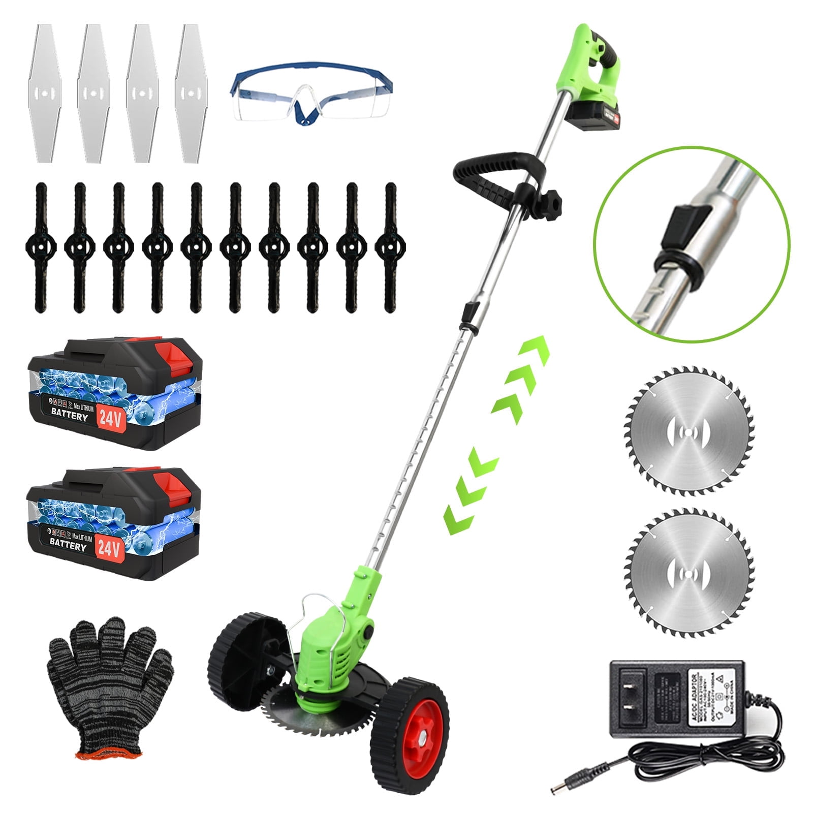 Cordless Grass String Trimmer, Electric Weed Eater with Wheels, Weed Trimmer, 2Battery+Charger, Green