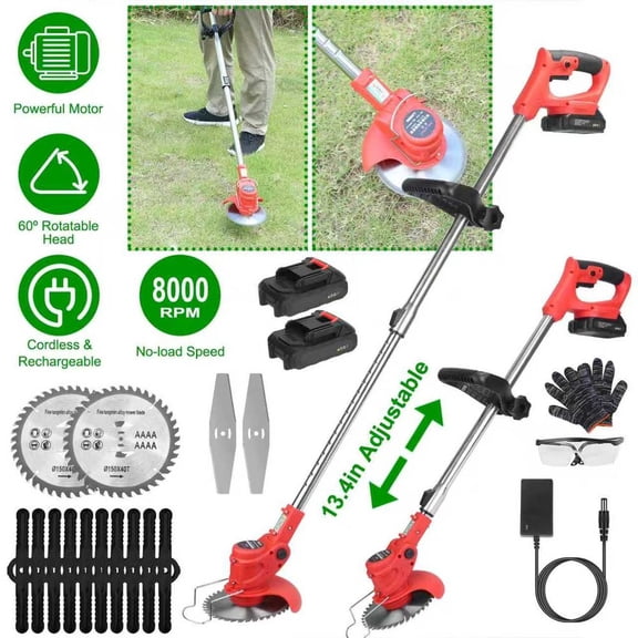 Cordless Grass Trimmer 37-50.4in Adjustable Pole 2x1500mAh Rechargeable Batteries 8000 RPM 650W Motor 60° Trimming Angle Lightweight Handheld Weed Eater with Multiple Blades Red for Yard Garden