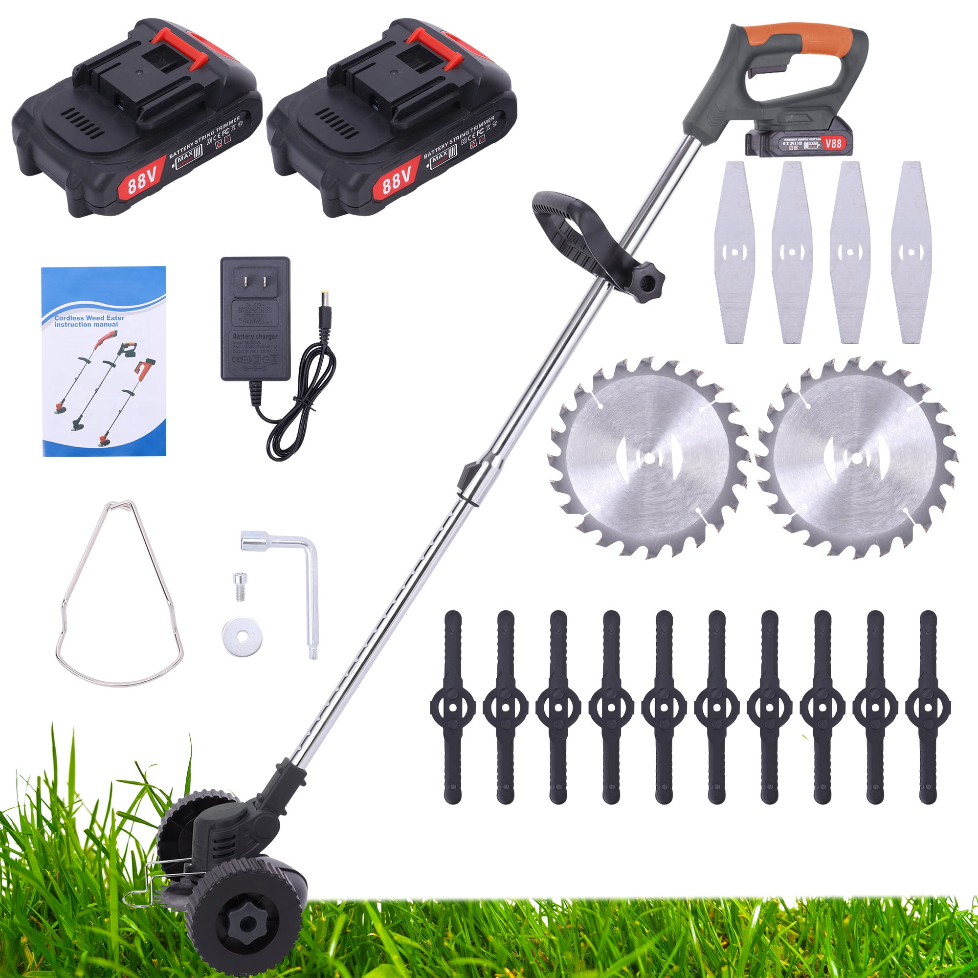 Cordless Grass Trimmer Lawn Mower 24V 88V Electric Handheld Brush Cutter Powered With 2 Batteries And 3 Types of Saw Blades Walmart