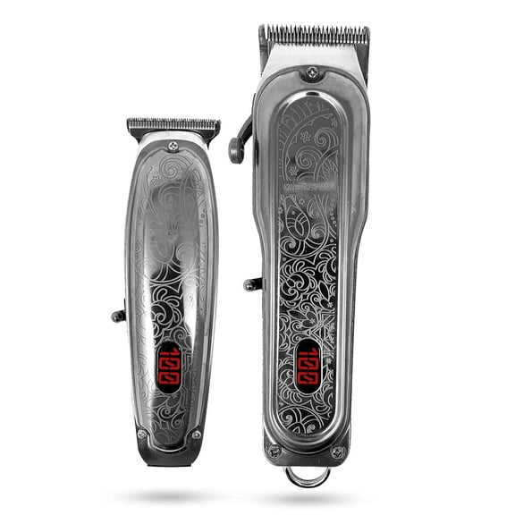 Cordless Hair Clipper + Hair Trimmer Super Heavy Duty Barber & Stylist Pro Edition + Extra Blades + Extra 4 Clipper Guards (Silver) Metal