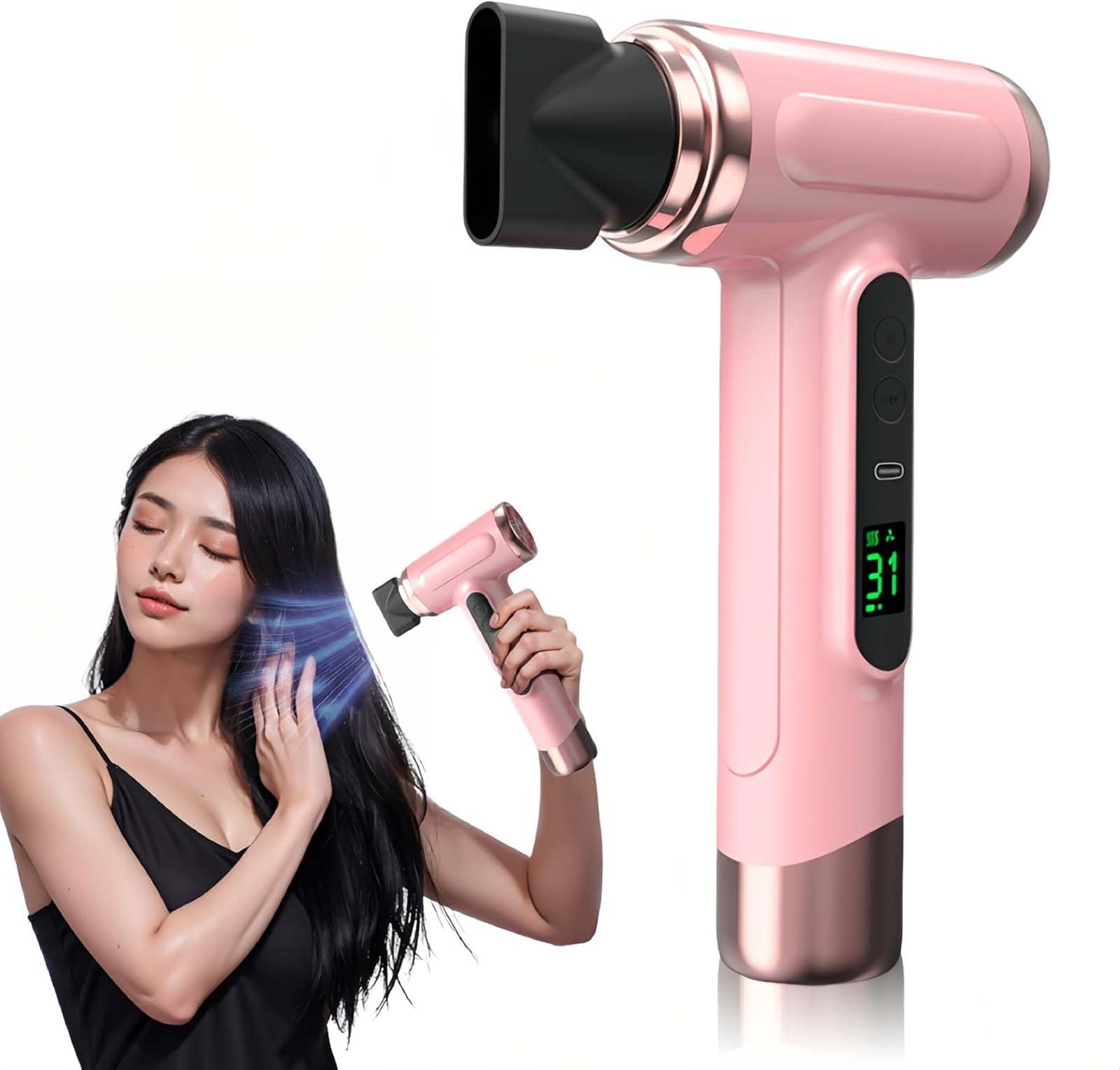 Xecvkr Pro Battery Travel Hair Dryer 3 Speed 3 Temperature Cordless Hair Dryer with 15000mAh Battery Digital Screen and Compact Design for Womens