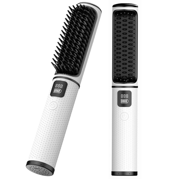 Cordless Hair Straightener Brush, 2-in-1 Mini Portable Heated Hot Comb for Women, 20S Rapid Heating 4 Temp Settings, 5000mAh 2.5H Fast Charging Travel Straightener with LCD Display (White)