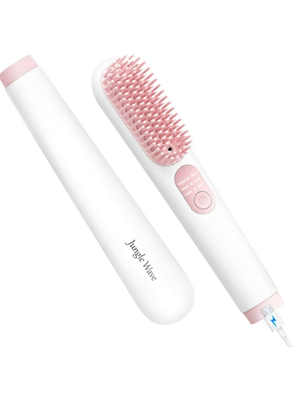 Cordless Hair Straightener Brush, Jungle Wave Portable Ionic Hot Straightening Comb for Travel, Pink