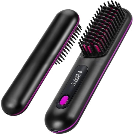 Cordless Hair Straightener Brush with LCD Display - USB Rechargeable Fast Heating Styling Brush, Ceramic Coated for Smooth Hair, Portable for Travel & Home
