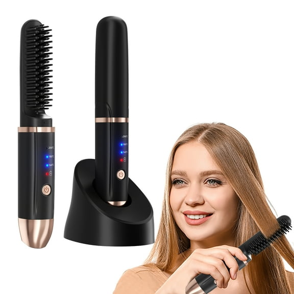 Cordless Hair Straightener Brush, Portable Mini Electric Straightening Comb Ionic Thermal Wireless Hot Hair Brush Heat Comb for Men and Women (Black)