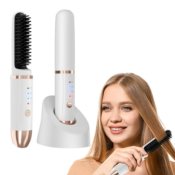Cordless Hair Straightener Brush, Portable Mini Electric Straightening Comb Ionic Thermal Wireless Hot Hair Brush Heat Comb for Men and Women (White)