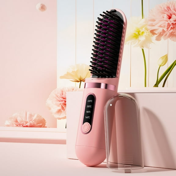Cordless Hair Straightener Brush - Portable Mini Negative Ion Hot Comb for Effortless Styling - USB Rechargeable Travel Tool with Fast Heating and 30- Auto Shut-Off