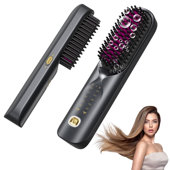 Cordless Hair Straightener Brush,Portable Mini Straighten Brush Comb 300 Million Negative Ions,6 TEMP Setting & Fast Heating,10000mAh Dual USB-C Rechargeable,Black