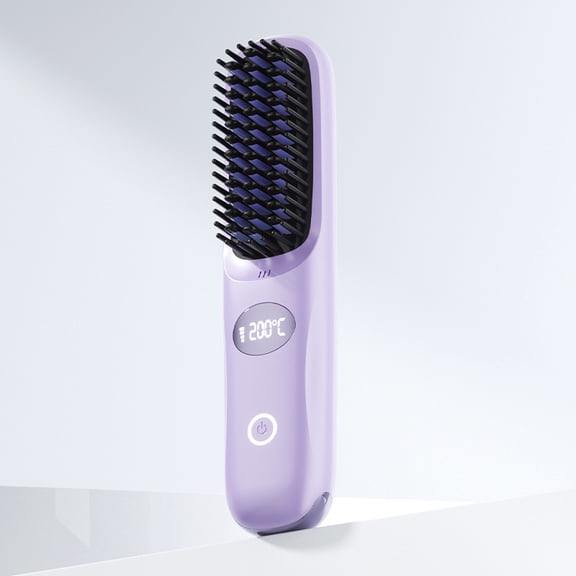 Cordless Hair Straightener Brush for Short Hair, Mini Portable Straightening Brush with 3 Heat Settings & LED Display, USB Rechargeable Travel Hair Brush