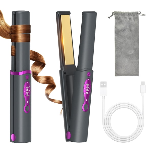 B-Qtech Cordless Hair Straightener and Curler 2-in-1, Portable Flat Iron with Titanium Plates, USB-C Fast Charging for Travel, Gray