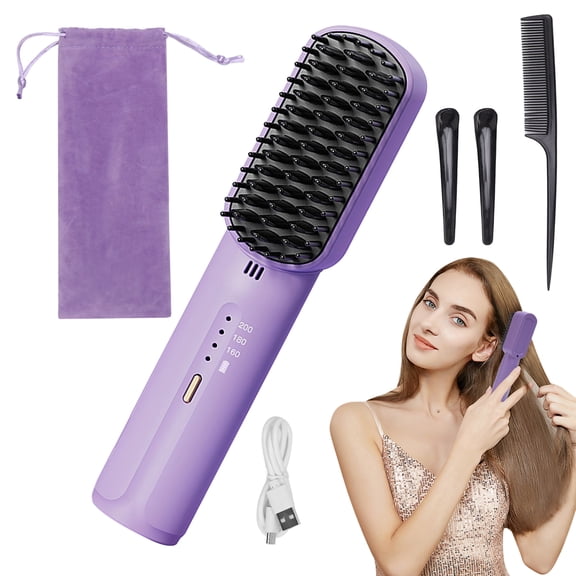Cordless Hair Straightening Brush, Negative Ion Hair Straightening Brush, Rechargeable & Portable, Adjustable Temperature for All Hair Type, Purple