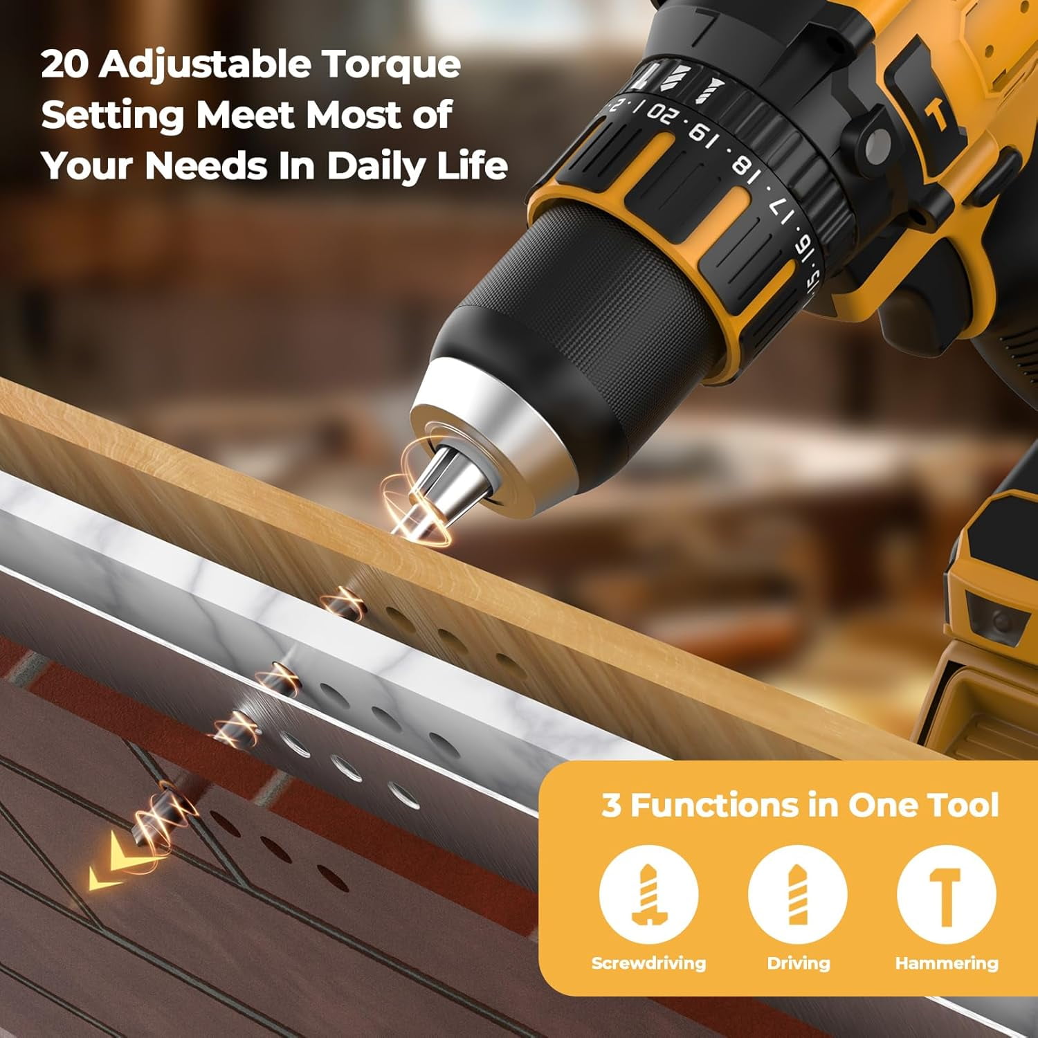 Cordless Hammer Drill Compatible with Dewalt 20V  Battery (No Battery) 20V Brushless Drill, 1/2" Cordless Drill for Concrete with Variable Speed