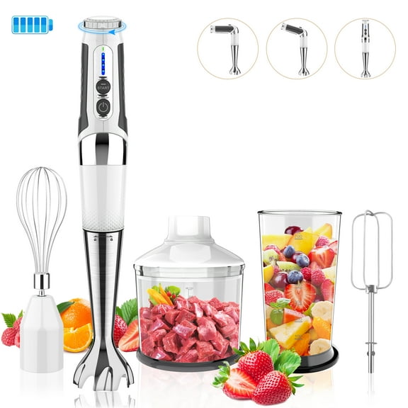 Cordless Hand Blender 4-in-1 Rechargeable Immersion Handheld Blender, 21 Variable Speeds, 3-Angle Adjustable with 700ml Chopper, 700ml Beaker, Egg Whisk and Beater for Smoothies, Soup, Baby Food