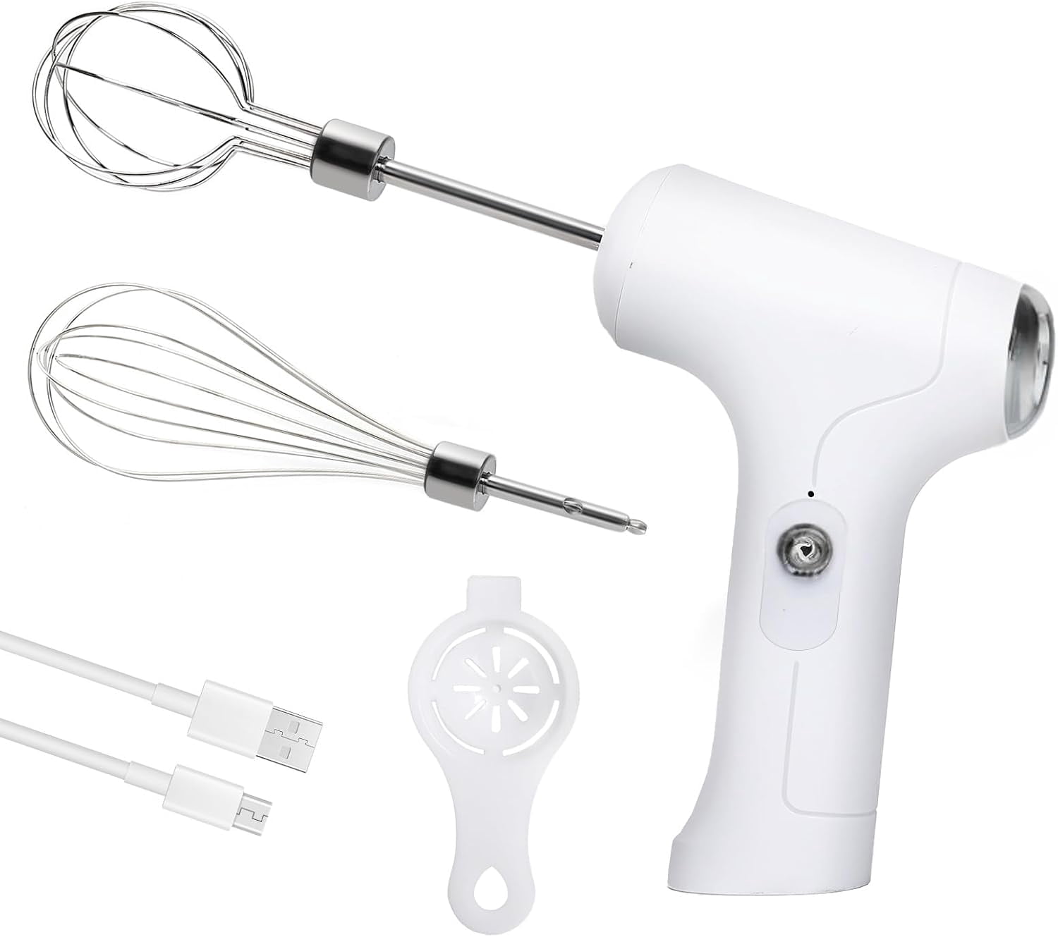 Cordless Hand Mixer, Handheld Electric Whisk with 3 Speed Modes, Held Egg Beater 2 Detachable Stir Whisks (White Silver)