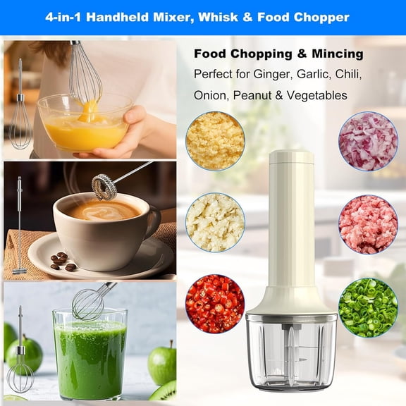 Cordless Hand Mixer MixgoII, Handheld Electric Whisk & Milk Frother, Held Mini Mixers, Rechargeable and Whisker, Food Processor for Cooking, Chopper, 4-Speed, 10Oz
