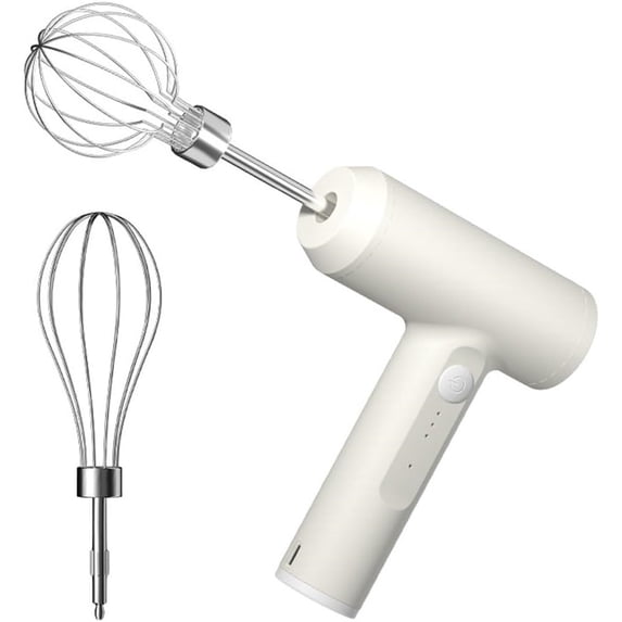 Cordless Hand Mixer, One Touch Off Handheld Electric Whisk with 3 Speed Modes, Hand Held Egg Beater with 2 Detachable Stir Whisks (White)