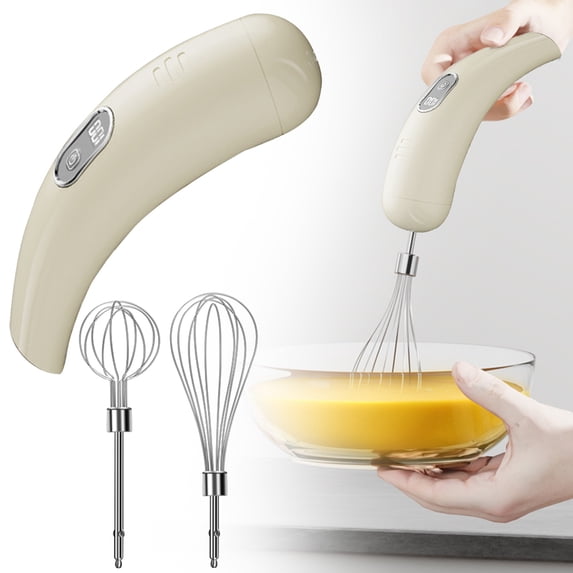 Cordless Handheld Electric Mixer – 5-Speed Wireless Beater with LED Display & 304 Stainless Steel Whisks for Baking, Smoothies & More (Beige)