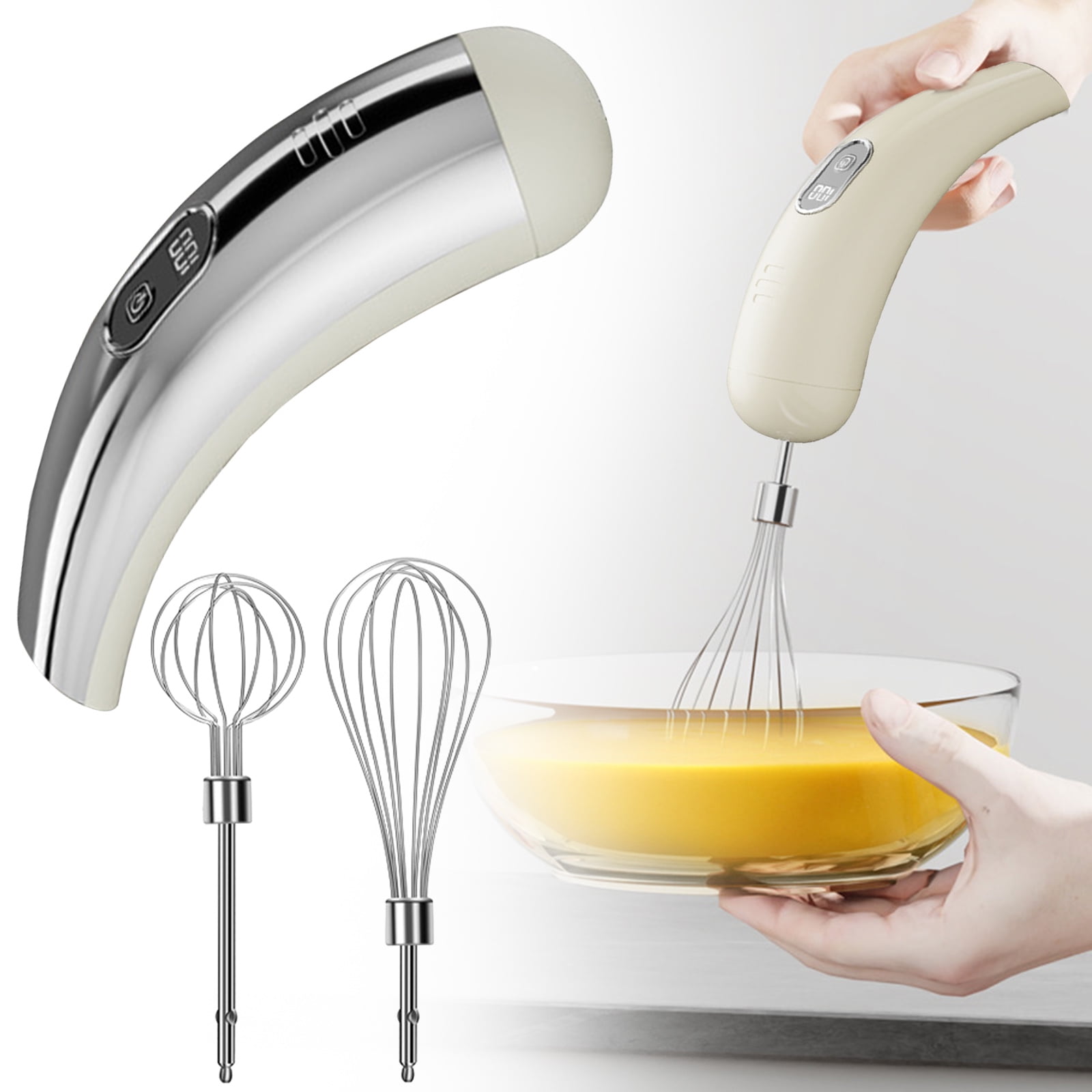 Cordless Handheld Electric Mixer – 5-Speed Wireless Beater with LED Display & 304 Stainless Steel Whisks for Baking, Smoothies & More (Silver)