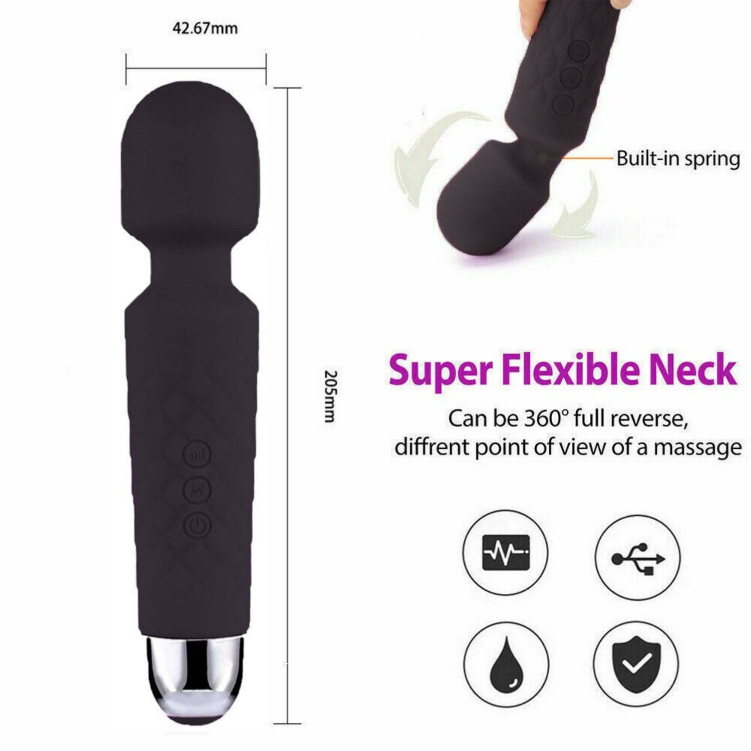 Cordless Handheld Powerful Vibrating Massager Wand Full Body Therapy Personal Wand PVC