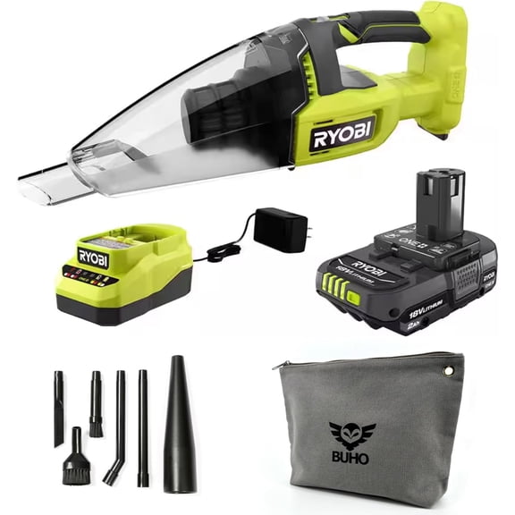 Cordless Handheld Vacuum Accessory Bundle - Ryobi 18 Volt Multi-Surface Vacuum Micro-Cleaning Accessory Kit, 2.0 Ah Battery, 18V Charger, Buho Zipper Pouch