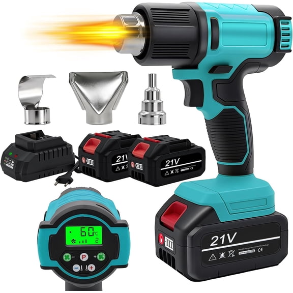 Cordless Heat Gun with LCD Display, Fast Heating Hot Air Kit 221V Batteries & 3 Nozzles, 60C540C Adjustable Temperature, Portable for Shrink Tubing, Crafts, Paint Removal, DIY