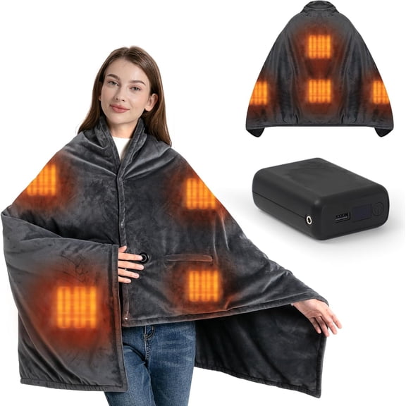 Cordless Heated Blanket with 20000mAh Power , 58"X35" Dual-Sided , 5s Heating, 3 Temp Levels, Portable Heated Throw Shawl Blanket for Indoor & Outdoor Use (Dark Gray)