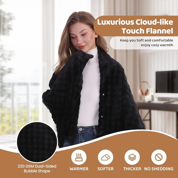 Cordless Heated Blanket, Battery Operated Heating Blanket with 20000mAh Rechargeable Power Bank, Portable Heated Throw Blanket, 59"x 35.5" Electric Heated Shawl, 3 Fast-heating Levels (Black)