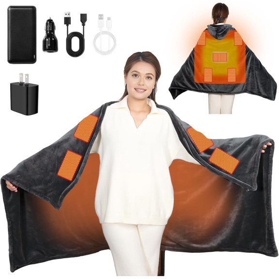 Cordless Heated Blanket with Hood, USB Battery Powered Heated Wearable Blanket with 9 Heating Zones, 20000 mAh Power Bank, 3 Levels, Portable Heated Throw Blanket, Heated Shawl (Warm Cozy Gray)