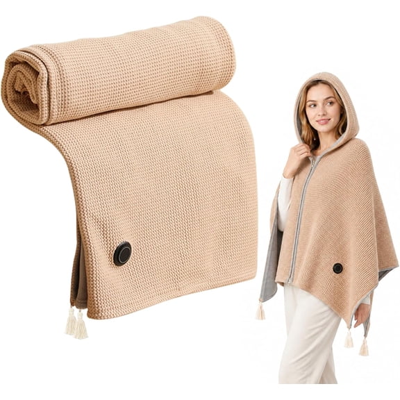 Cordless Heated Blanket with Hood, USB Electric Wearable Heating Poncho, 3 Heating Levels for Office Home Car Travel, Portable Heated Blanket Shawl