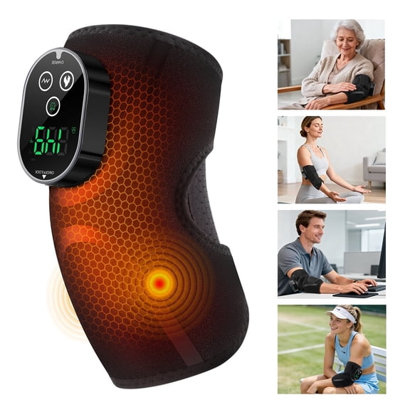Cordless Heated Elbow Brace, Hwallkare Electric Elbow Massager with 5 Heat Levels & 3 Vibration Modes, 20/30/45min Timer Settings, Rechargeable Elbow Heating Pad for Muscle Relaxation, Black