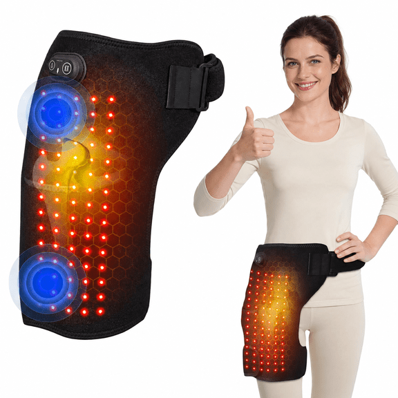 Cordless Heated Hip Massager Wrap with 3 Heat Levels 3 Vibration Massage Modes, 5000mAh Battery Electric Hip Support Heating Pad with 105 660 nm LEDs 25 Mins Timer for Men and Women, Black