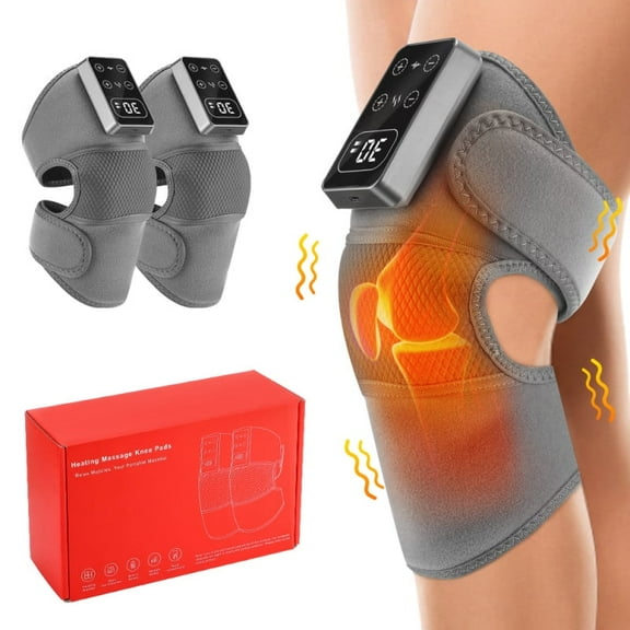Cordless Heated Knee Massager with Vibration, 2 Pack Heated Knee Brace Wrap Heating Shoulder Brace Support Wrap for Knee Shoulder Elbow, Heating Pad with 5 Heating Levels, 3 Massage Modes & Timer