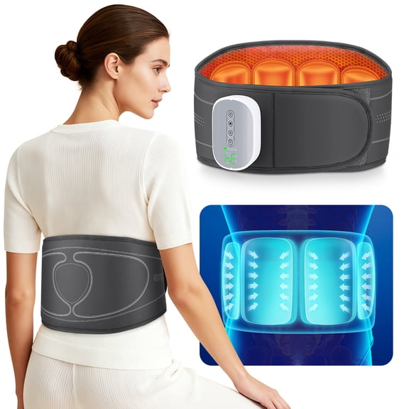 Cordless Heated Lumbar Support Belt with Air Compression Massage,Rechargeable Lower Back Massager with 3 Airbag Modes,4 Heat Levels,4 Intensity Settings,Portable Waist Support Belt,2000mAh Battery