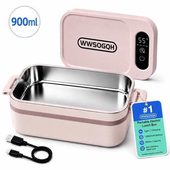 Cordless Heated Lunch Box for Adults 12000mAh Rechargeable Electric Food Warmer with 900mL 304 Stainless Steel Container 4 Temperature Settings 7 Timer Options for Work Travel Car