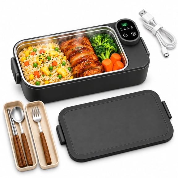 Cordless Heated Lunch Box Battery Powered, Portable Self Heating Food Warmer with Smart Timer & Temperature Display, 304 Stainless Steel Electric Lunch Box for Work & Travel