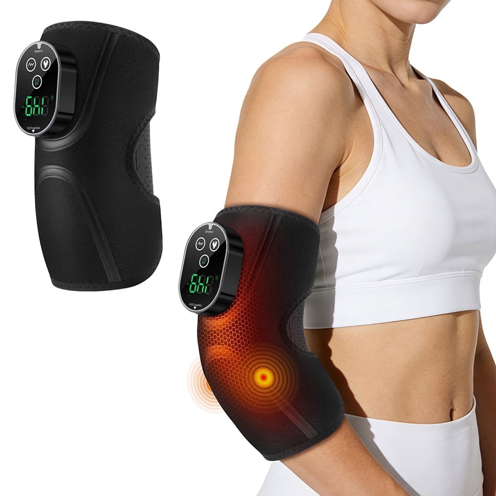 Cordless Heated Massage Elbow Brace, Elbow Heating Pad with Massage, Heated Elbow Massager Wrap with 5 Heat Levels, 3 Vibration & Timer Modes, 3000mAh Battery for Tennis Elbow, Elbow Recovery Relief