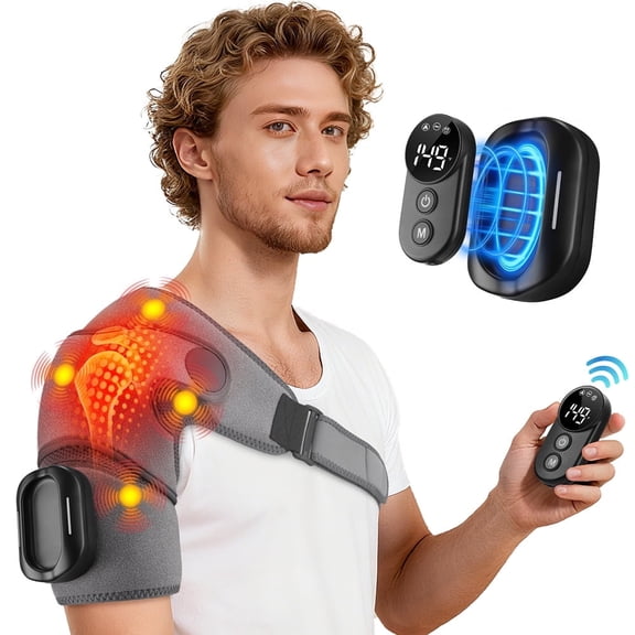 Cordless Heated Shoulder Massager, Shoulder Heating Pad, Shouder Heated Massage Brace with 5 Heating & Vibration, 3 Timing, 2 Extend Straps, Detachable Remote Control, 5000mAh Battery, Gray
