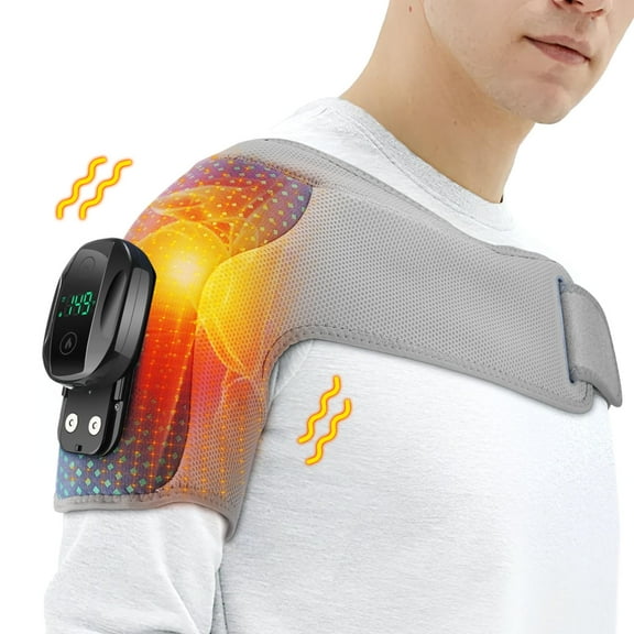Cordless Heated Shoulder Brace, Shoulder Heating Pad with Massage, 5000mAh Battery Powered Vibration Heating Shoulder Wrap, 6 Heating Setting, Neck Back Massager for Relax Gifts,Gray