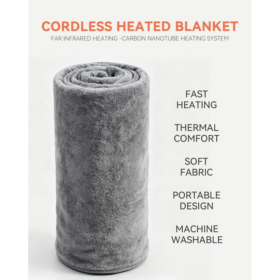 Cordless Heated Throw with Portable Battery Pack | Far Infrared USB Electric Blanket | Ultra-Soft Faux Rabbit Fur for Couches, Office, Camping & Travel