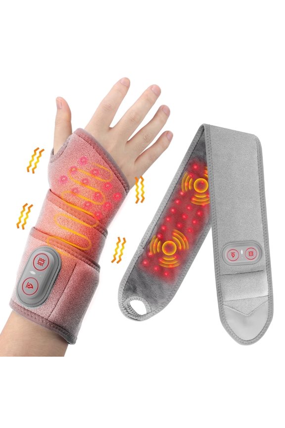Cordless Heated Wrist Wrap, 3 Heat & 3 Massage Modes,  Red Light (660/850nm), 3000mAh Rechargeable Battery, Hand Heating Pad with Thumb Hole Design for Wrist Hand Arm