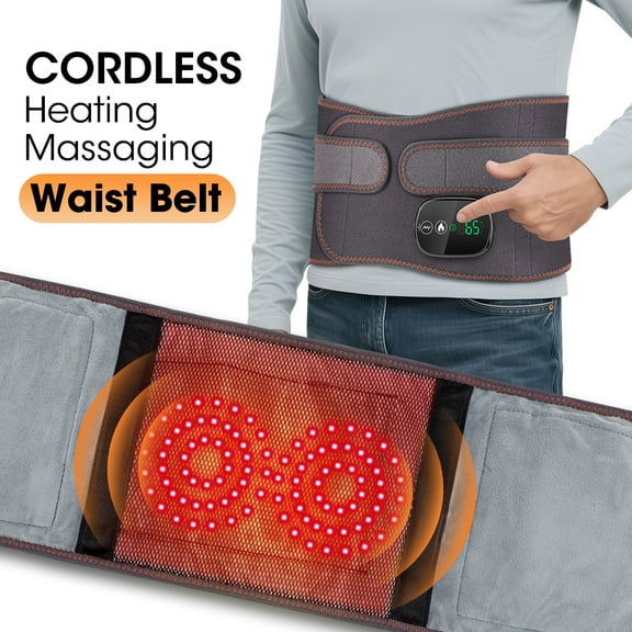 Cordless Heating Pad Back, Lower Back Heated Massager Brace Wrap, Lumbar Support Belt with 3 Heating & Vibration Modes, 3h Battery for Men & Women, Gray