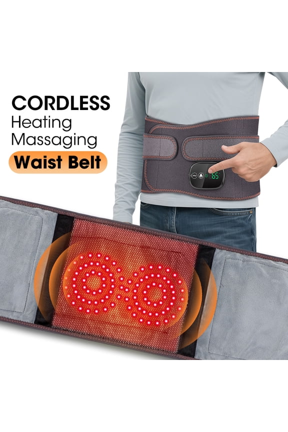 Cordless Heating Pad Back, Lower Back Heated Massager Brace Wrap, Lumbar Support Belt with 3 Heating & Vibration Modes, 3h Battery for Men & Women, Gray