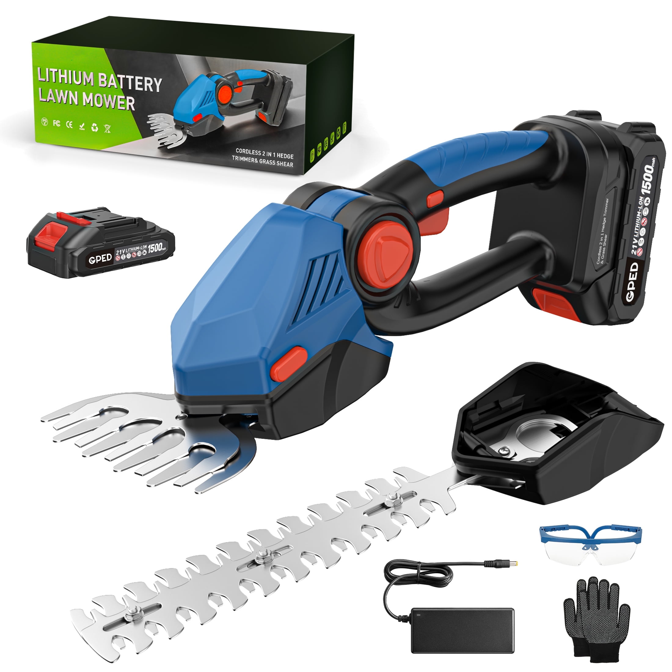 GPED Cordless Hedge Trimmer, 2-in-1 Grass Shears Handheld with 2 Pack Rechargeable Battery, Lightweight Shrubbery Trimmers, Bush Trimmer for Gardens, Yards and lawns, Blue