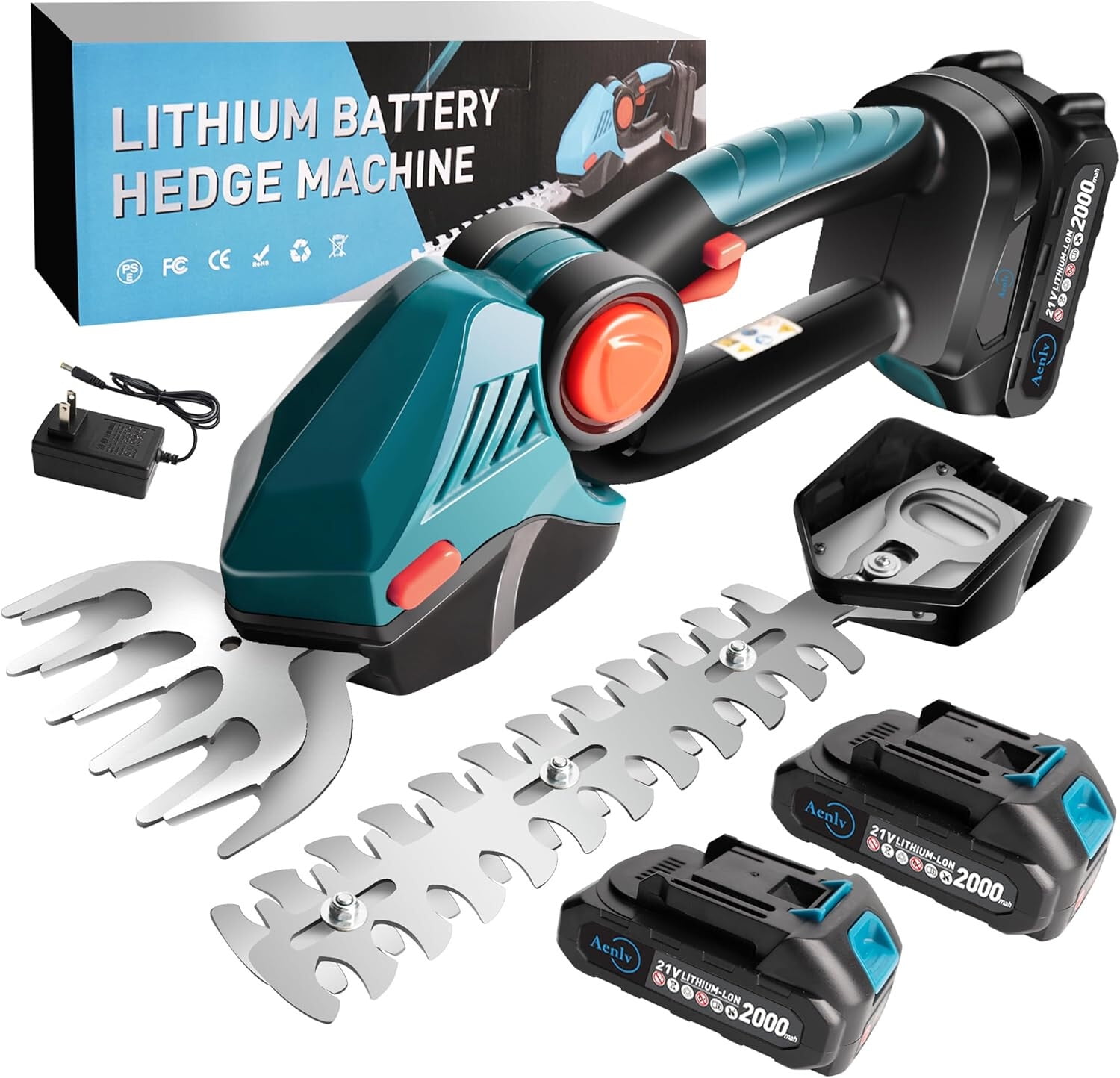Cordless Hedge Trimmer 2-in-1 Handheld Grass Shear 2PCS 21V Rechargeable Battery