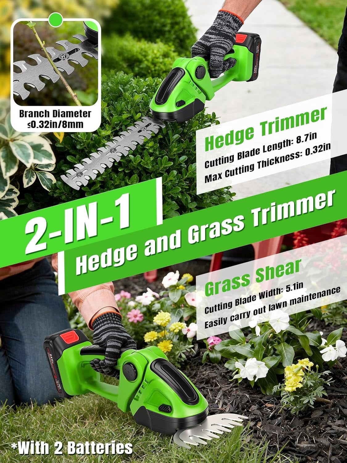 Cordless Hedge Trimmer 2-in-1 with 2 Batteries, 2000RPM Electric Grass Shears for Yard and Lawn