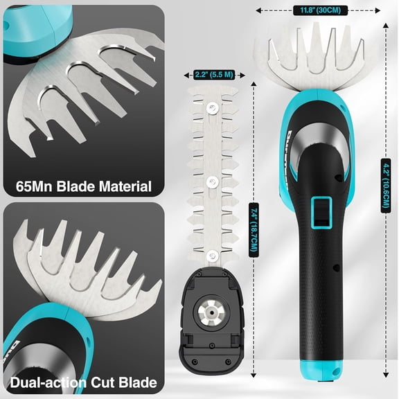 Cordless Hedge Trimmer, 7.2V 3-in-1 Handheld Electric Grass Trimmer & Hedge Shears with 50" Wheeled Extension Pole, USB Type-C Cable and Built-in Li-ion Battery, for Garden, Yard and Lawn